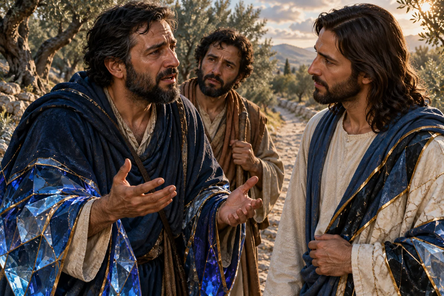 Cléofas fala a Jesus durante a caminhada, enquanto o companheiro escuta entre mantos azuis e ouro.