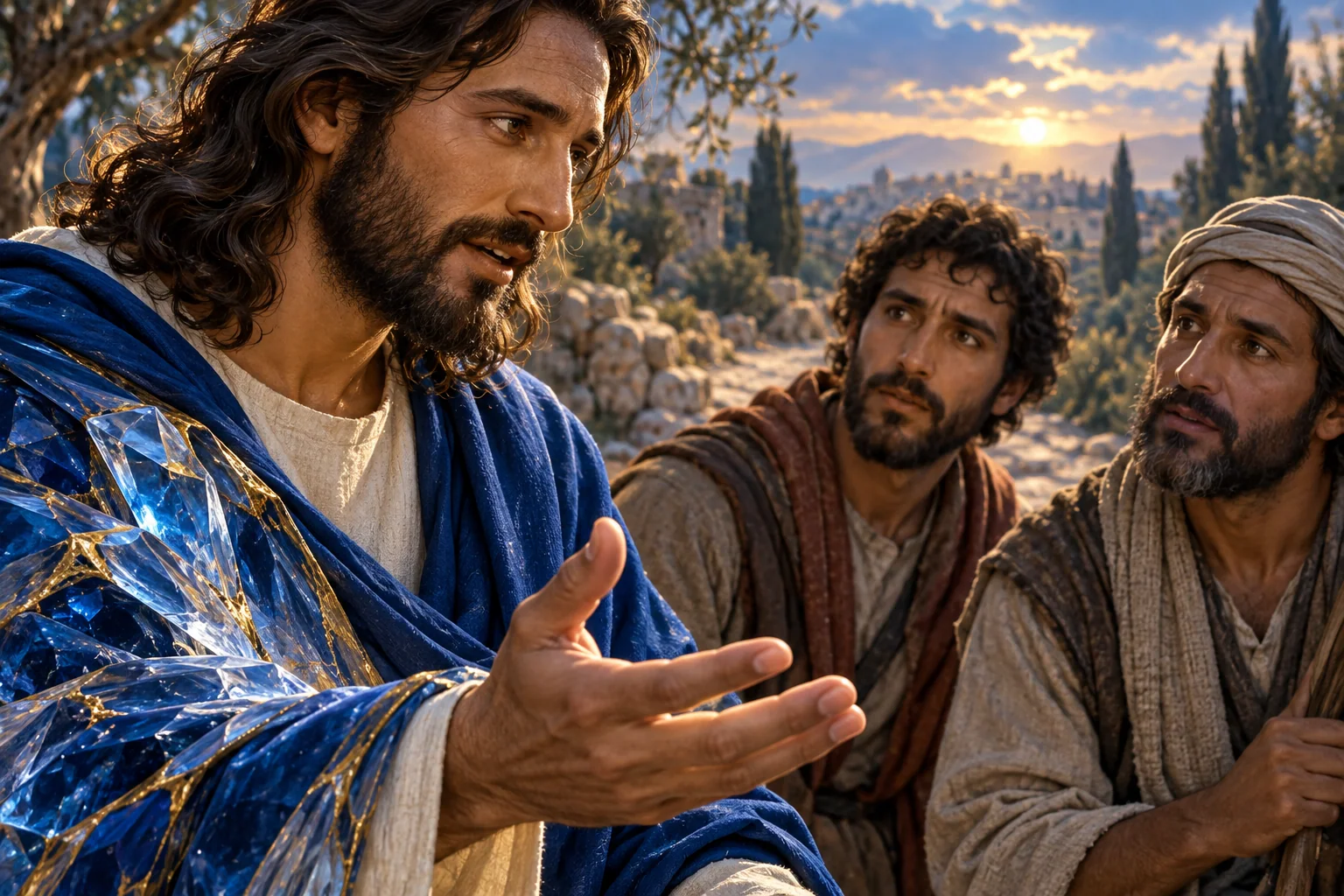 Jesus explica enquanto os dois escutam, sobre uma estrada azul atravessada por ouro.