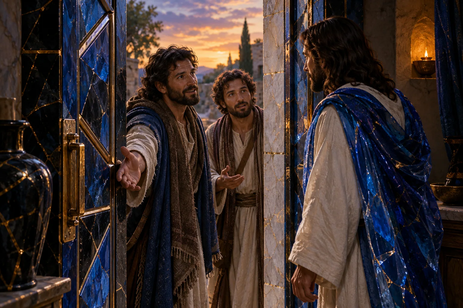 Os dois discípulos convidam Jesus junto a uma entrada de pedra azul, cristal e ouro.