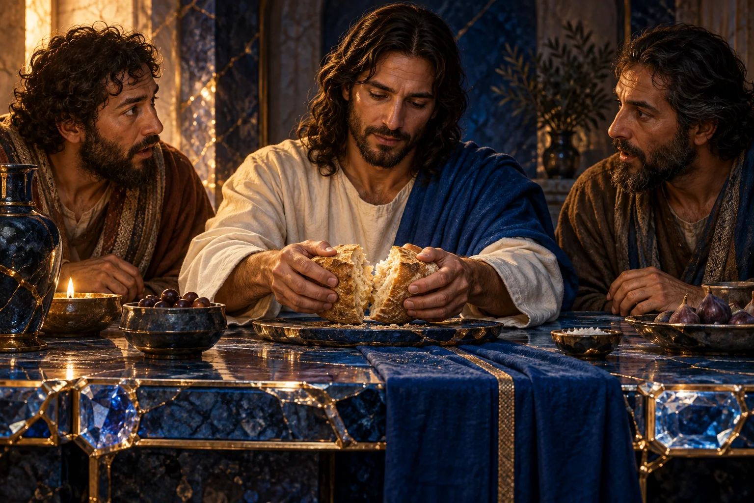Jesus parte pão natural diante dos dois discípulos, sobre mesa azul de juntas douradas.
