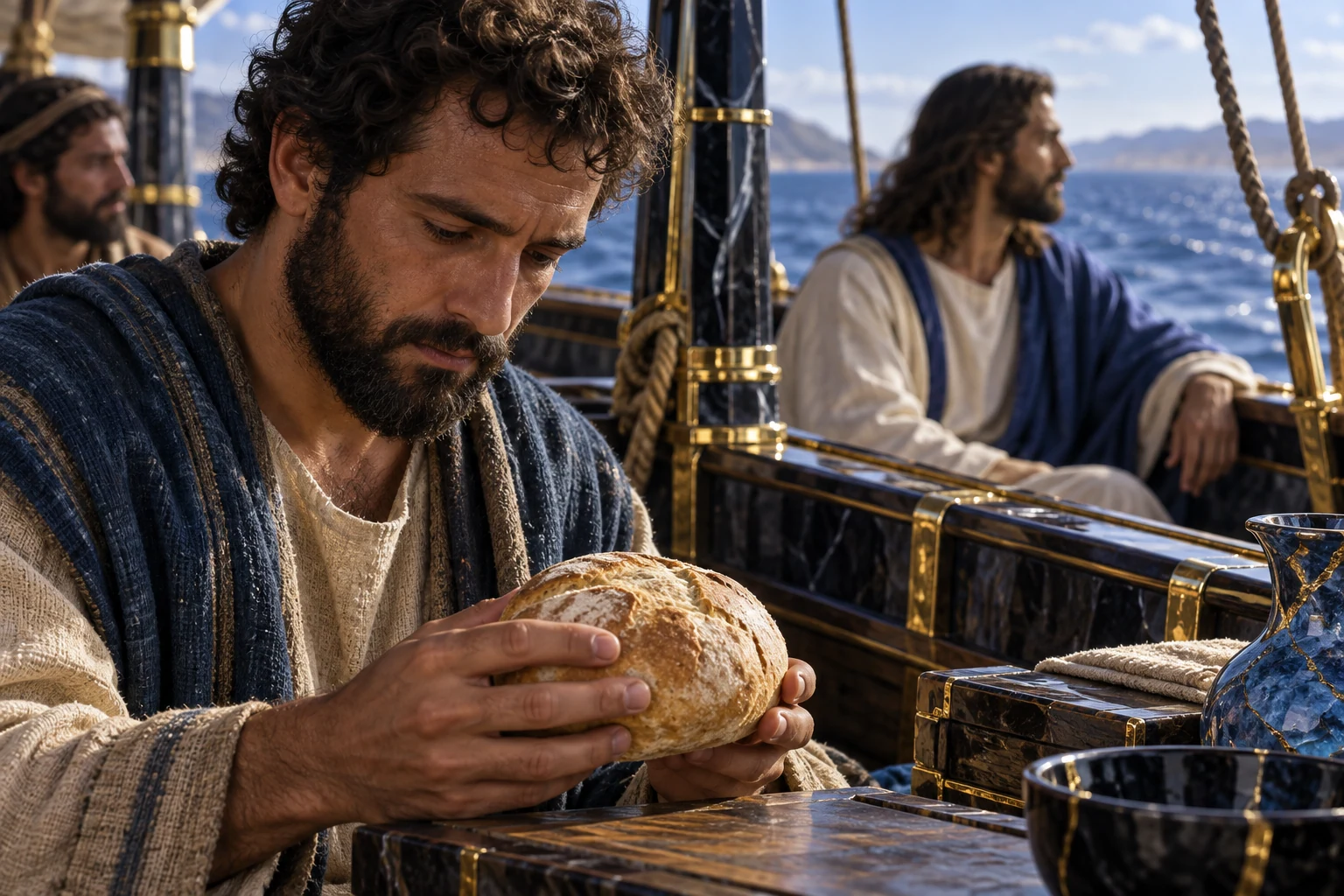 Discípulo olha para o pão enquanto outro tenta acompanhar a fala de Jesus, entre sombras azuis e ouro.