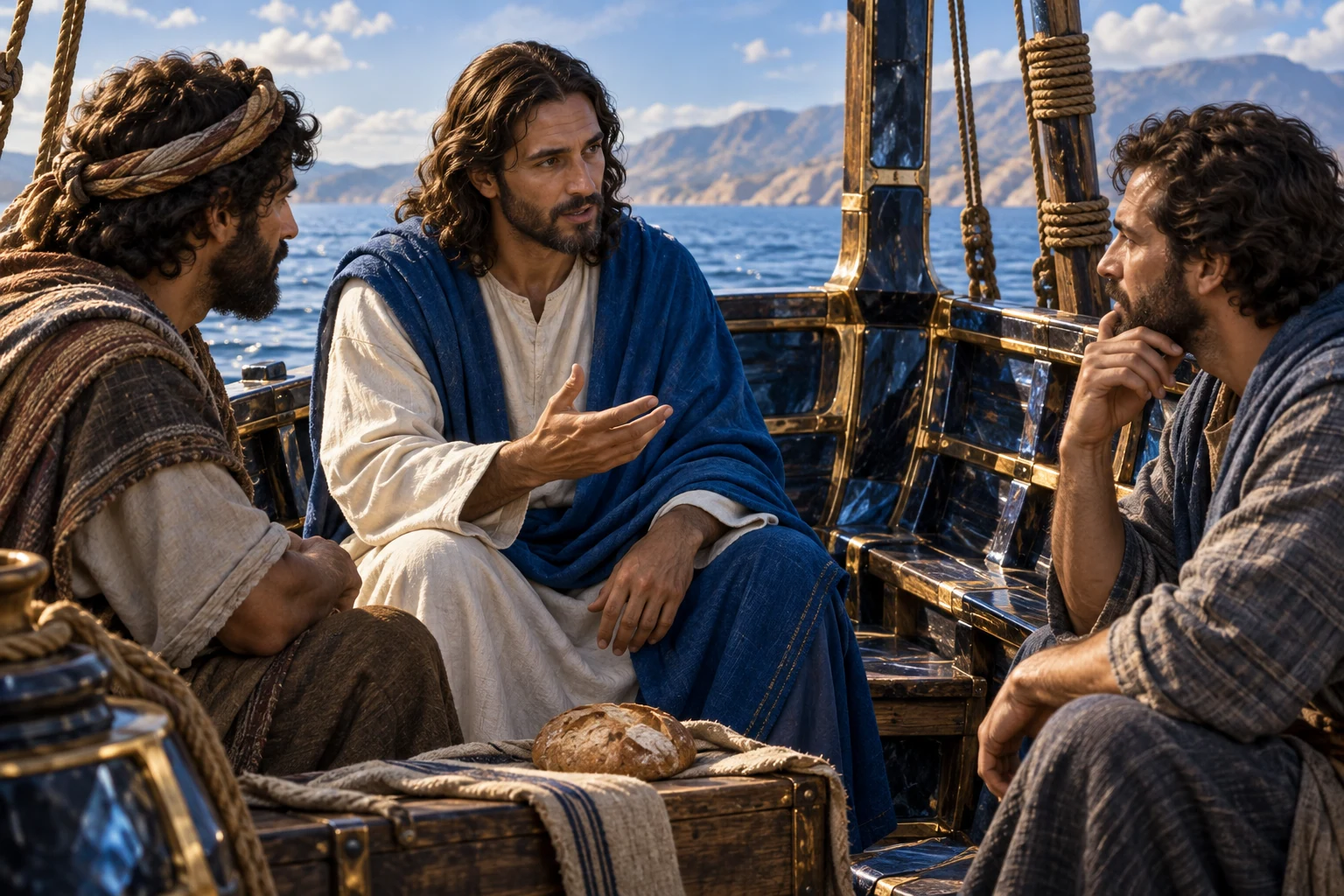 Jesus se dirige ao grupo, com a mão aberta sobre a borda de obsidiana e ouro.