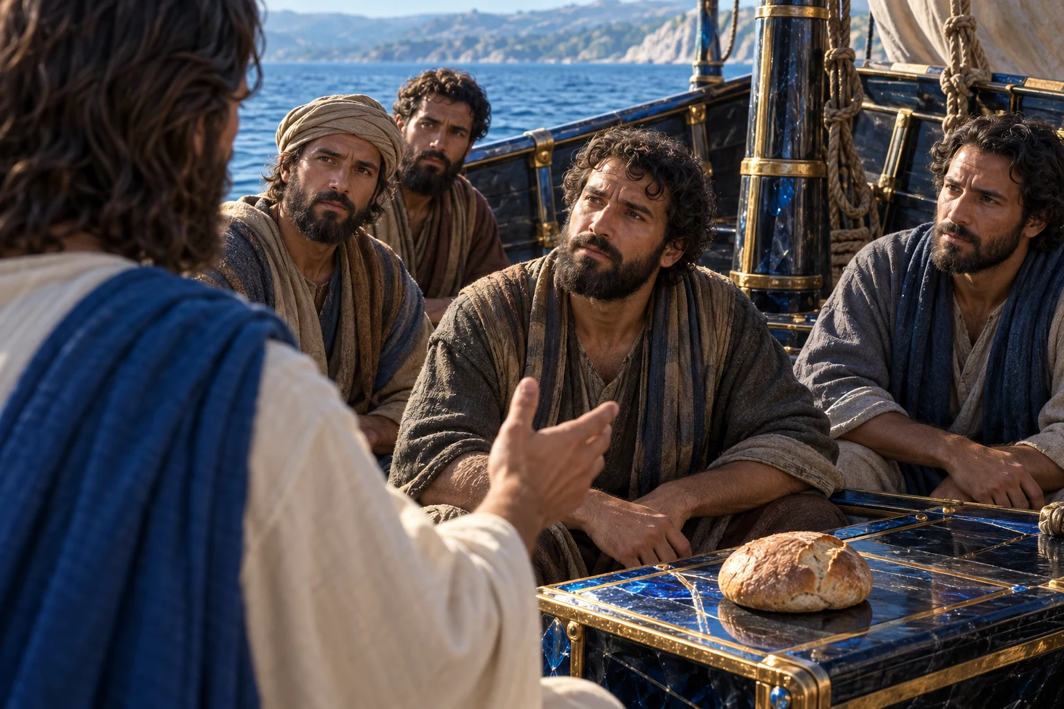 Um discípulo levanta o olhar do pão para Jesus enquanto o barco azul se abre para a luz.