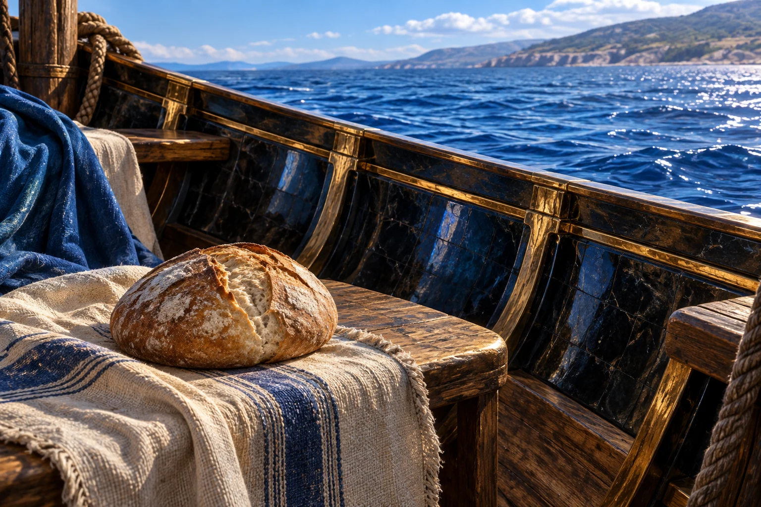 Pão natural e borda do barco permanecem em silêncio sobre madeira, obsidiana azul e ouro.