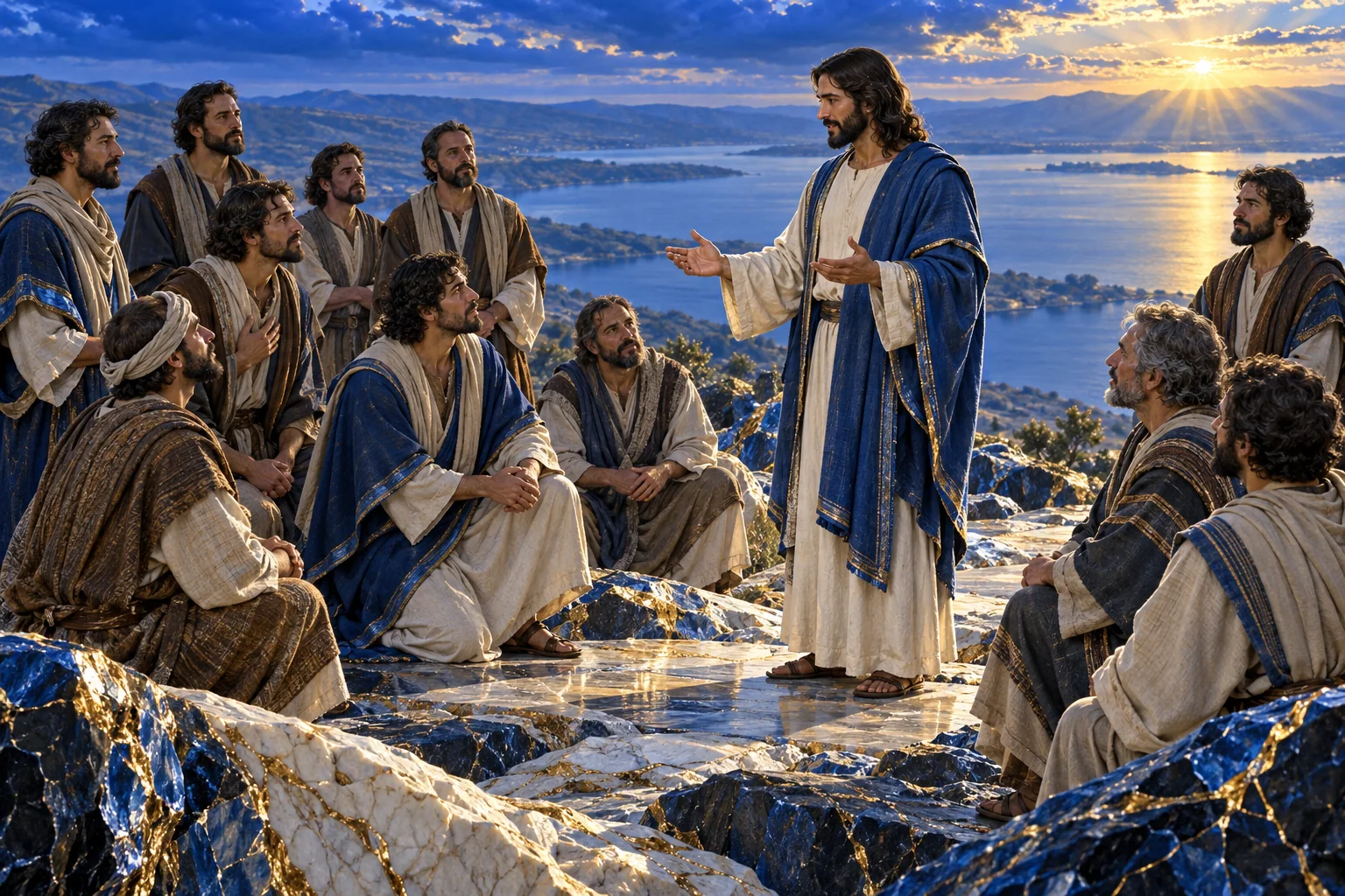 Discípulos se inclinam diante de Jesus sobre pedra azul com juntas douradas.