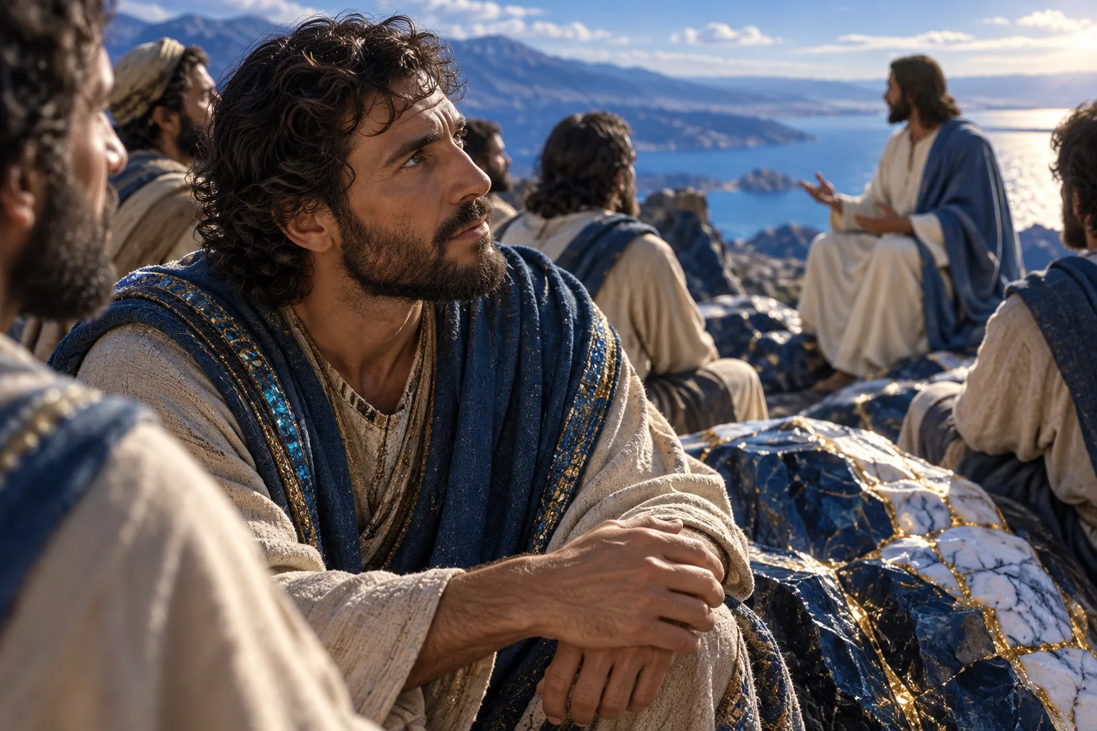 Um discípulo anônimo contempla Jesus com atenção, entre azul cristalino e ouro no manto.