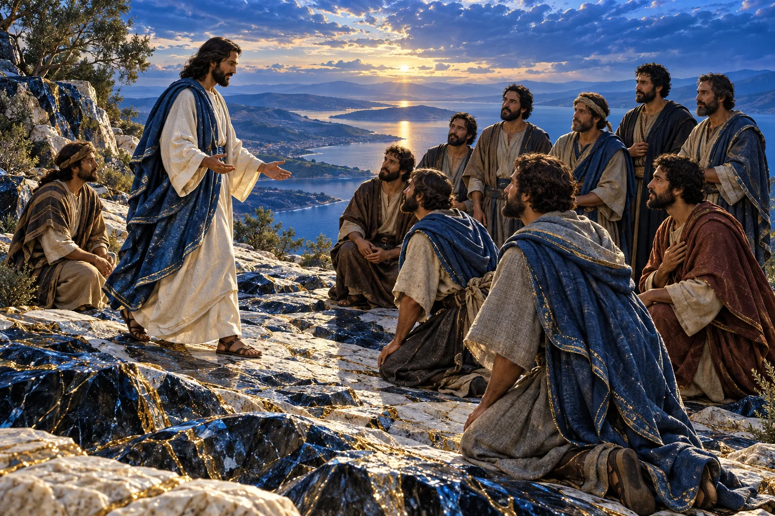 Jesus caminha em direção ao grupo sobre uma faixa azul de pedra ligada por ouro.