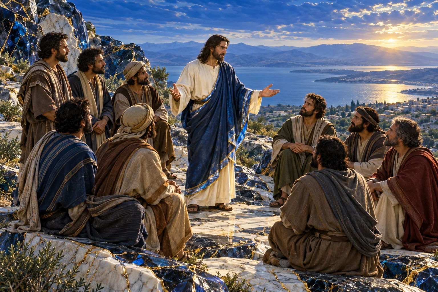 Jesus fala aos Onze reunidos, com horizonte azul e linhas douradas atravessando o monte.