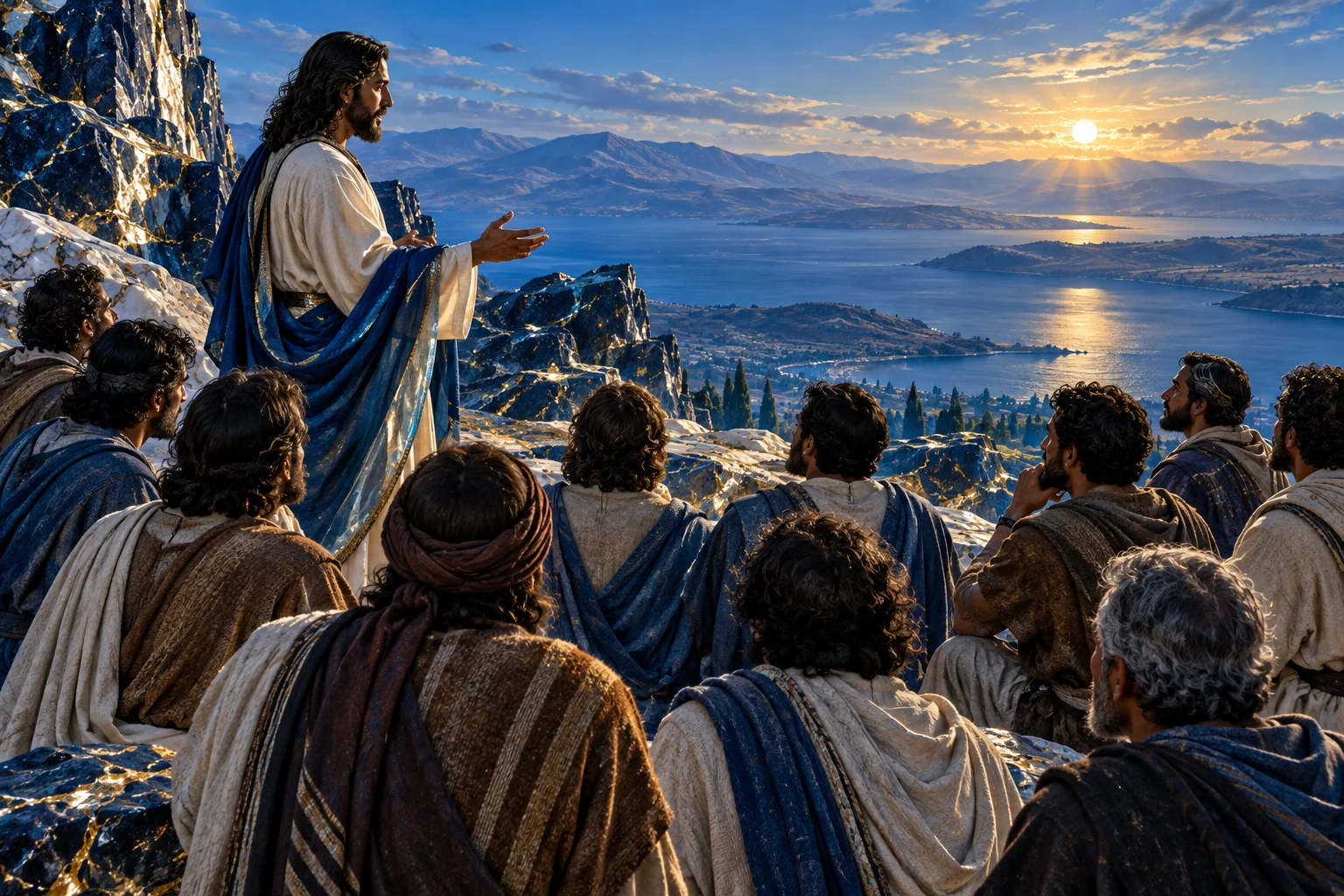 Discípulos escutam juntos diante de Jesus, entre vestes azuis de cristal e juntas douradas.