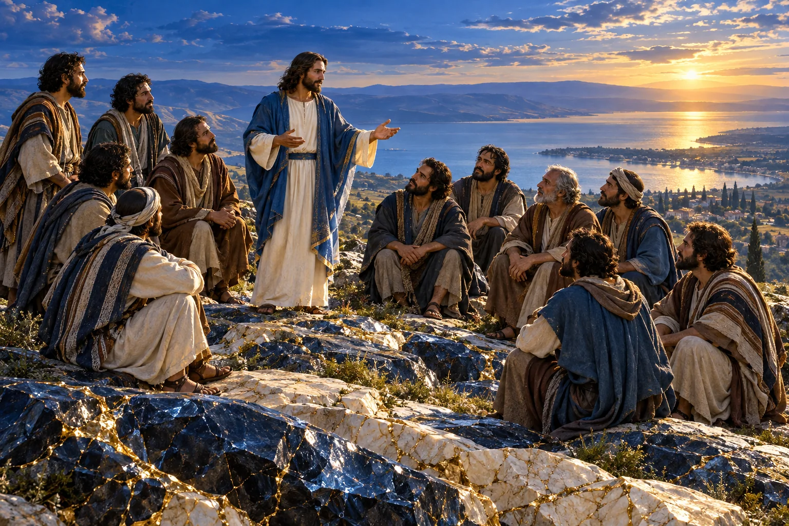 Jesus e os Onze permanecem no monte azul, enquanto um caminho dourado continua além do horizonte.