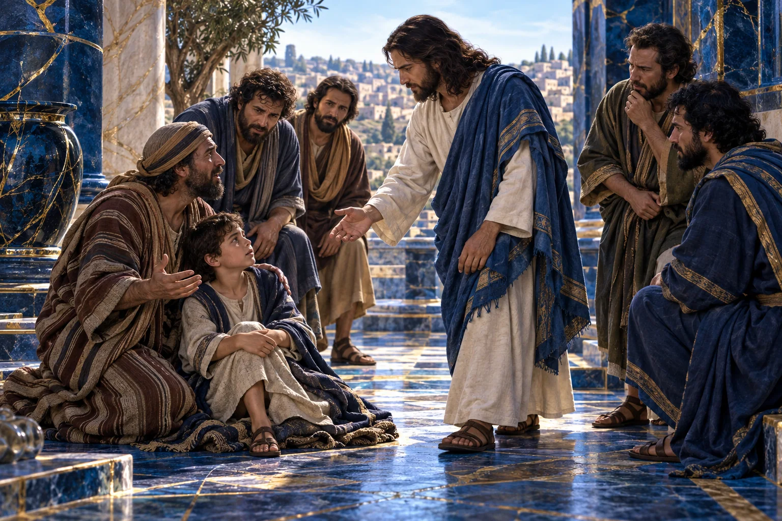 Pai acompanha o filho aflito junto de discípulos, sobre pedra azul atravessada por ouro.