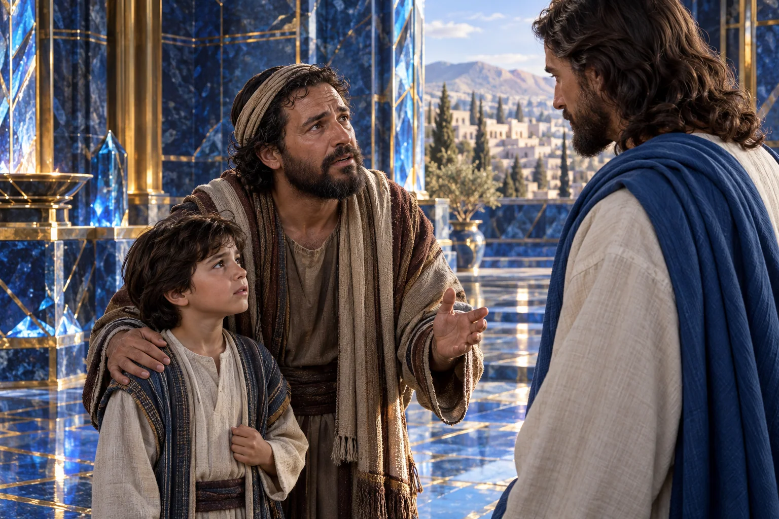 Pai se dirige a Jesus enquanto mantém o filho junto de si, entre mantos azuis e luz dourada.