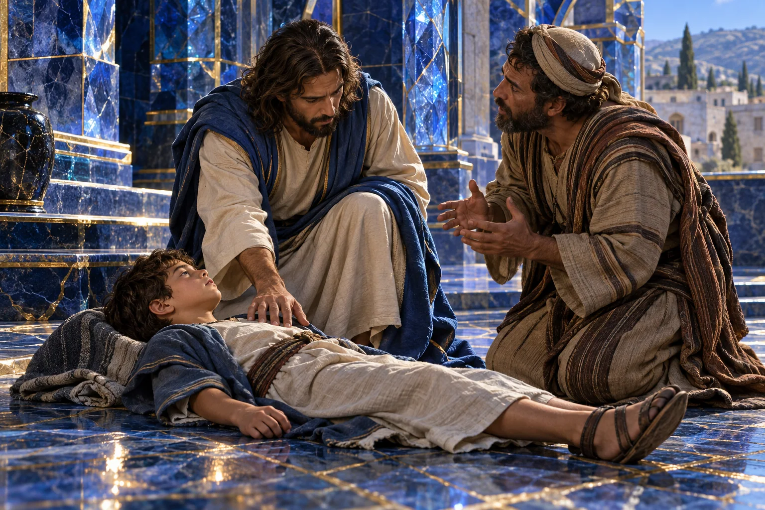 Jesus se inclina para o menino enquanto o pai acompanha, em luz marfim sobre azul e ouro.