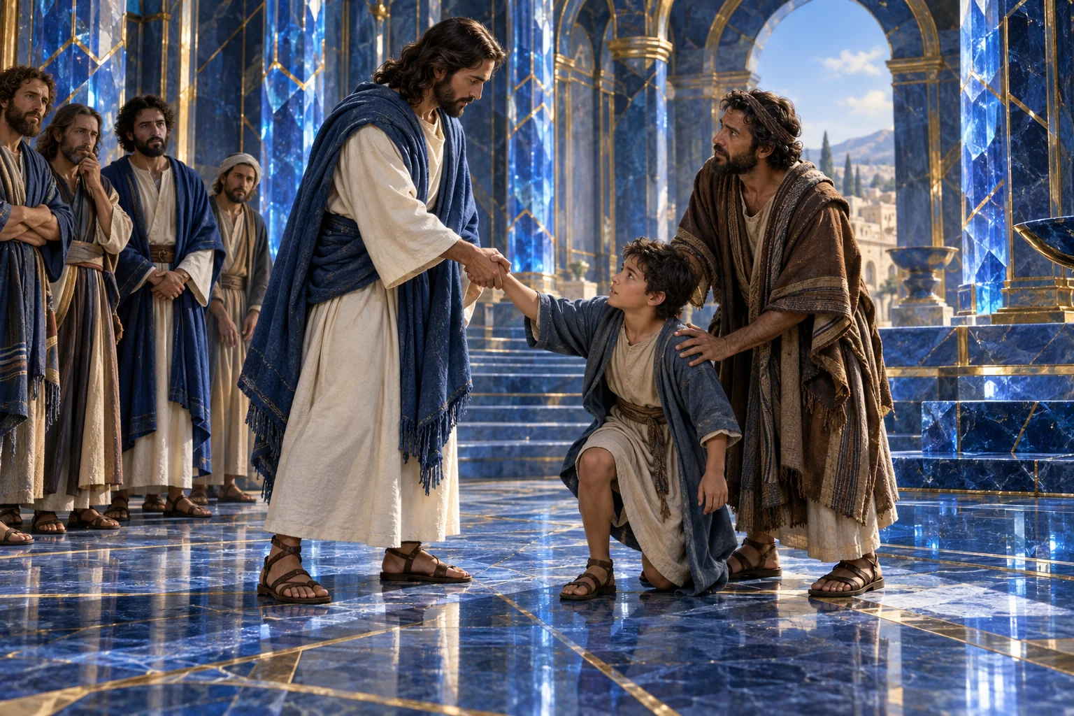 Jesus toma a mão do menino e o ajuda a levantar, diante de pedra azul com veios dourados.