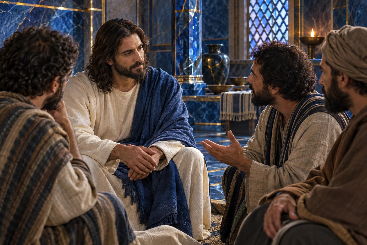 Discípulos conversam com Jesus num espaço reservado de azul mineral, marfim e ouro.