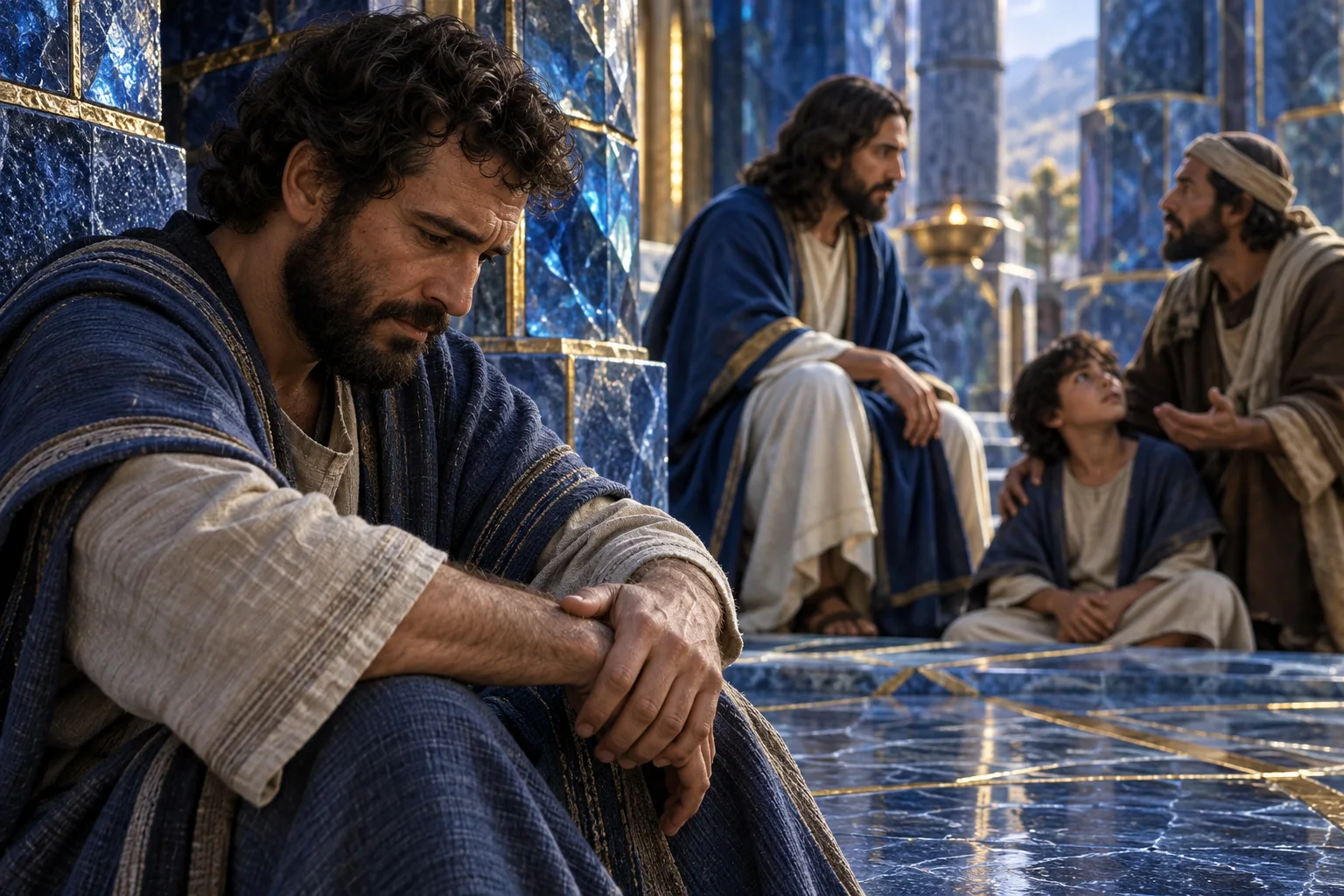 Mãos humanas em postura recolhida repousam entre vestes azuis de fibras e nervuras douradas.