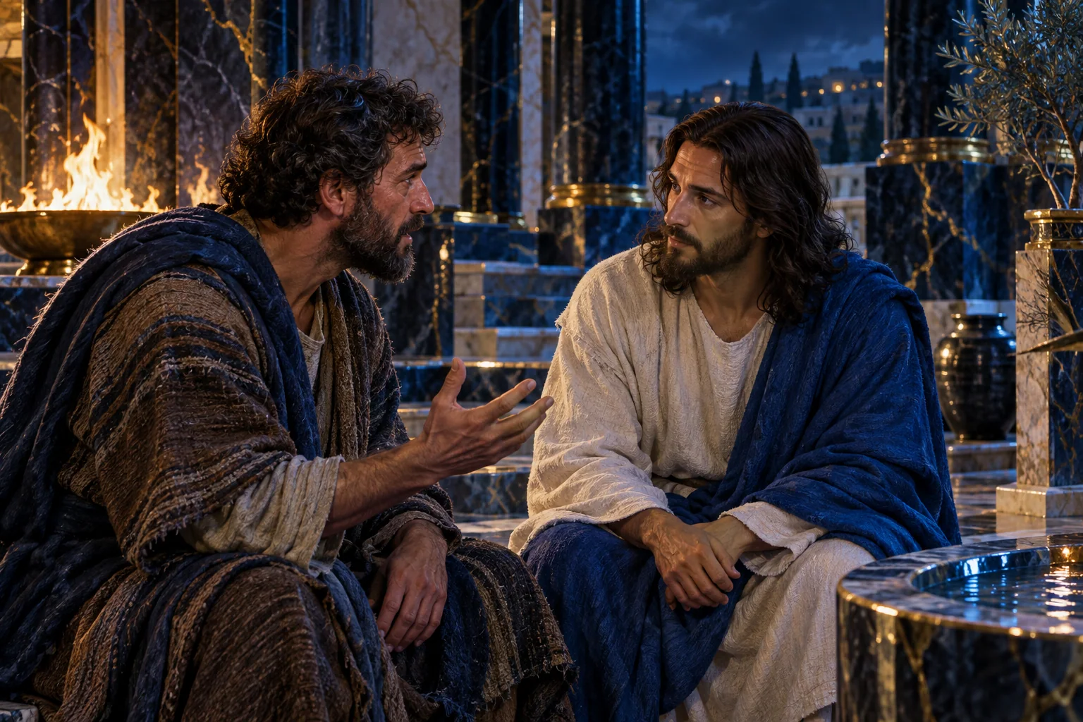 Pedro fala a Jesus num interior azul de juntas douradas, com expressão firme e humana.