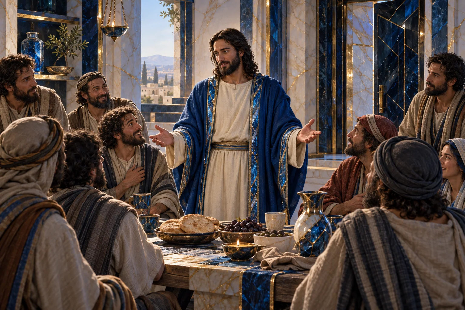 Jesus está entre os discípulos, com veste marfim e azul dentro de um espaço ligado por ouro.
