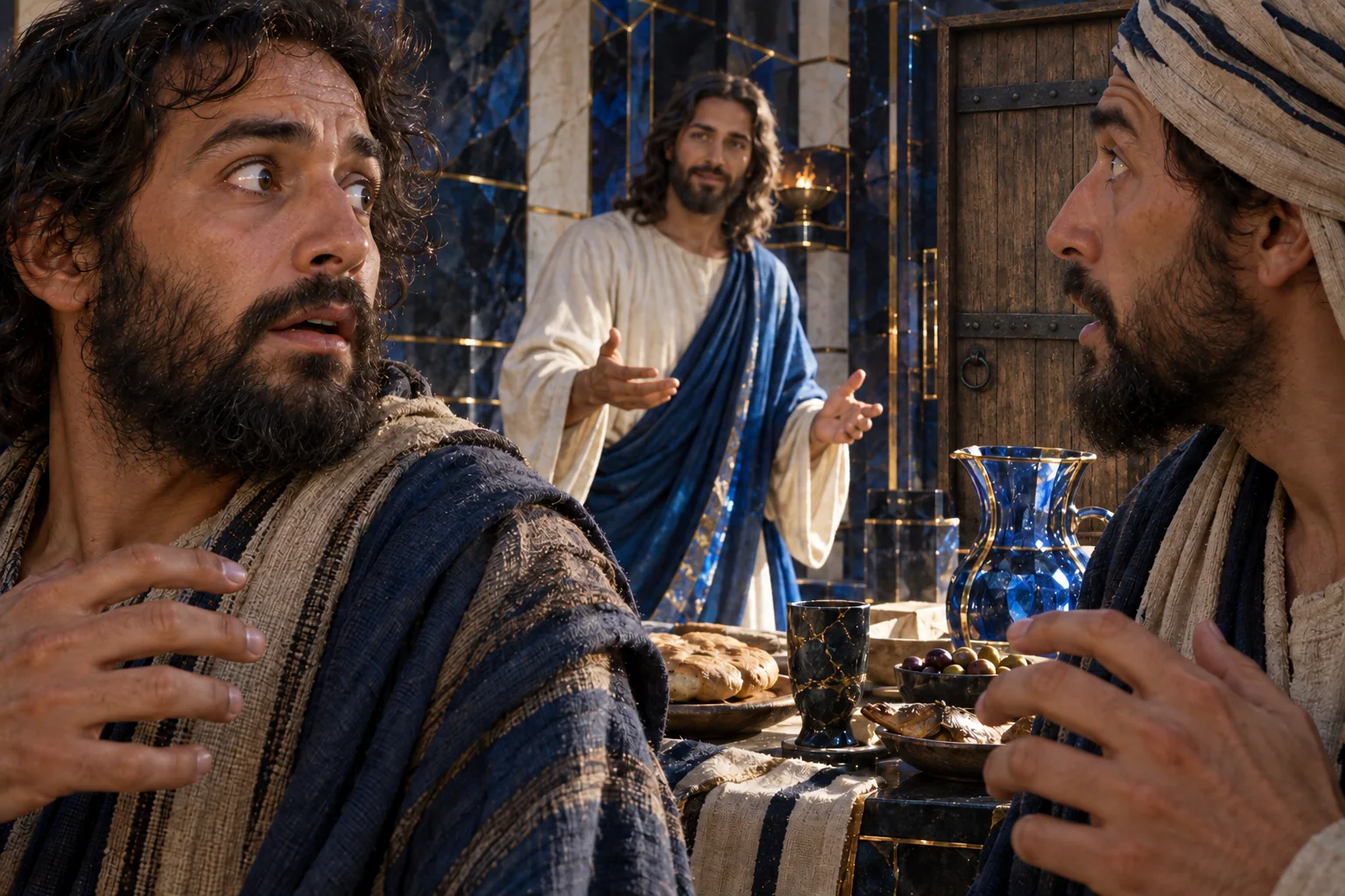 Dois discípulos se voltam para Jesus com olhos atentos, cercados por reflexos de cristal azul e ouro.