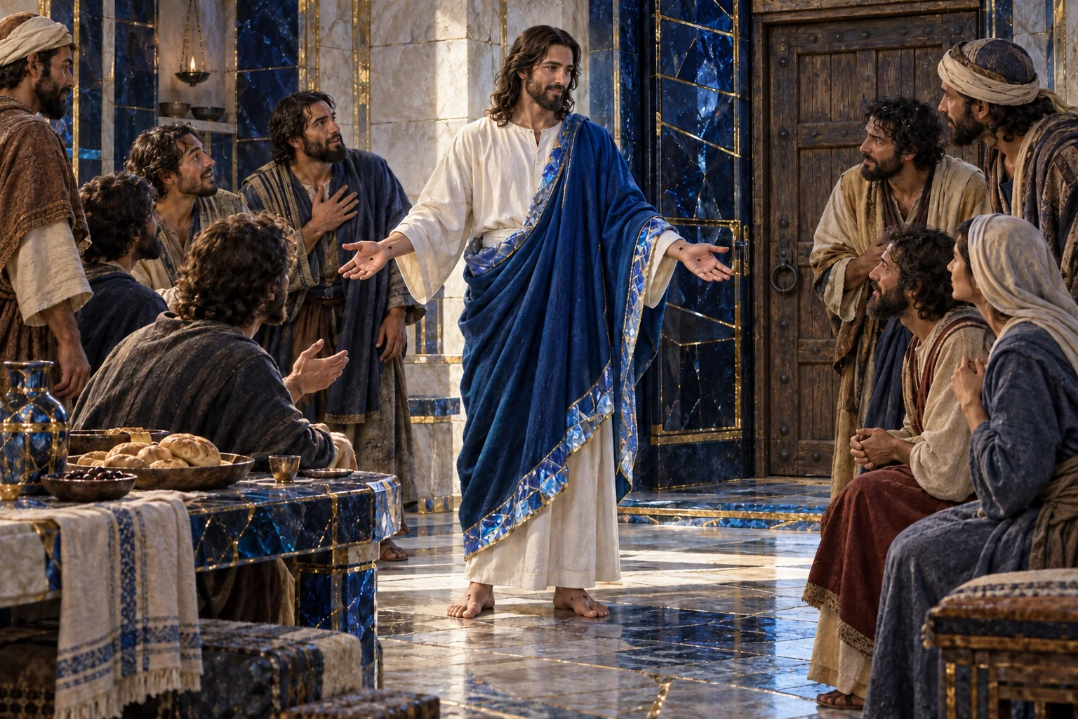 Jesus mostra suas mãos e seus pés aos companheiros sobre piso azul de veios dourados.