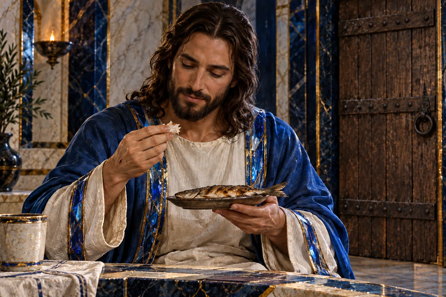 Jesus segura uma porção de peixe assado junto ao rosto, entre azul mineral, marfim e ouro.
