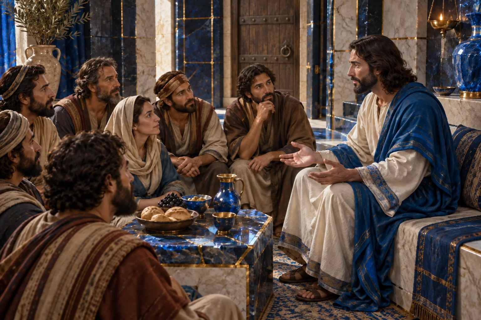 Jesus ensina a um grupo atento, entre colunas azuis de cristal e mármore com juntas douradas.