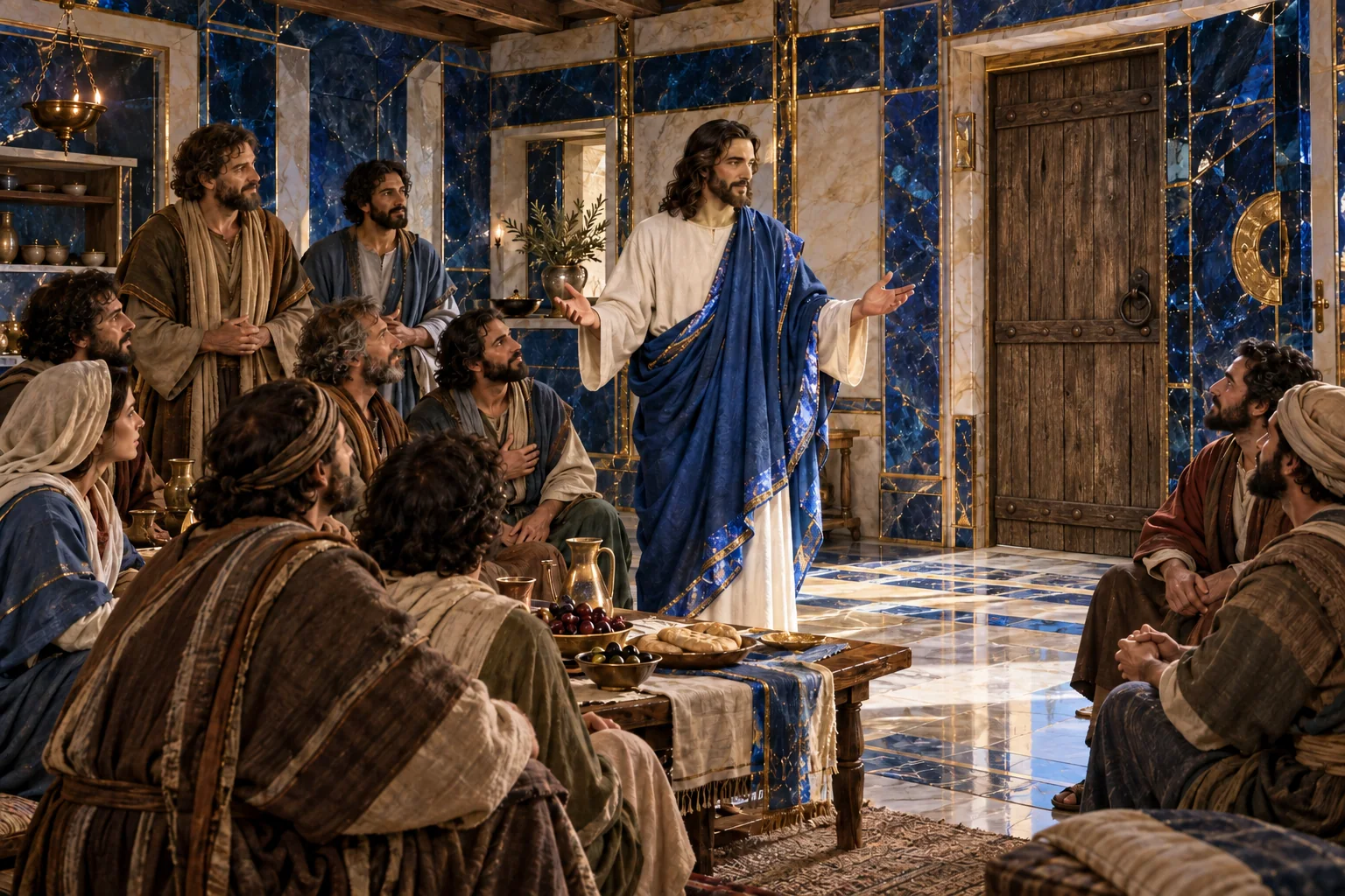 Discípulos e Jesus formam uma relação aberta perto de uma porta azul com linhas de ouro.