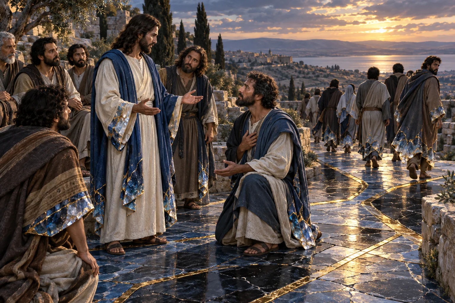 Ouvintes de Jesus permanecem em pequenos grupos, entre caminhos azuis e faixas douradas.