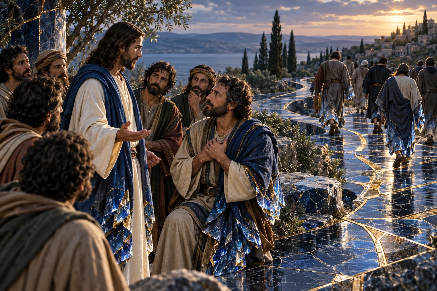 Jesus se volta para o grupo dos Doze num espaço azul dividido por linhas douradas contínuas.