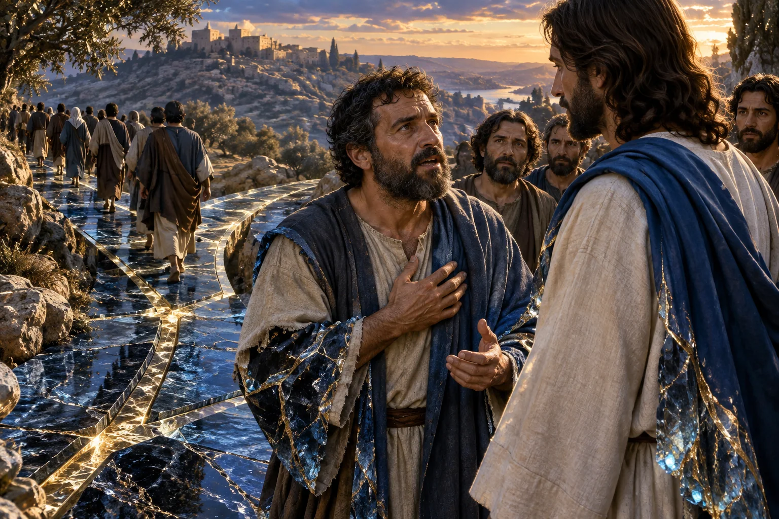 Pedro olha diretamente para Jesus entre mantos azuis e planos marfim com ouro.