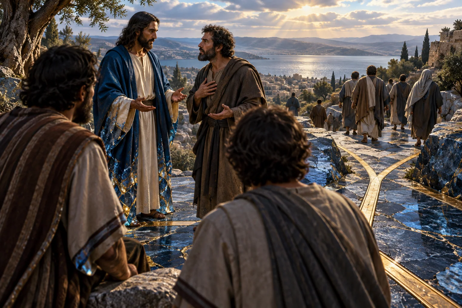 Companheiros escutam Pedro e Jesus, entre dobras cristalinas azuis e juntas douradas.