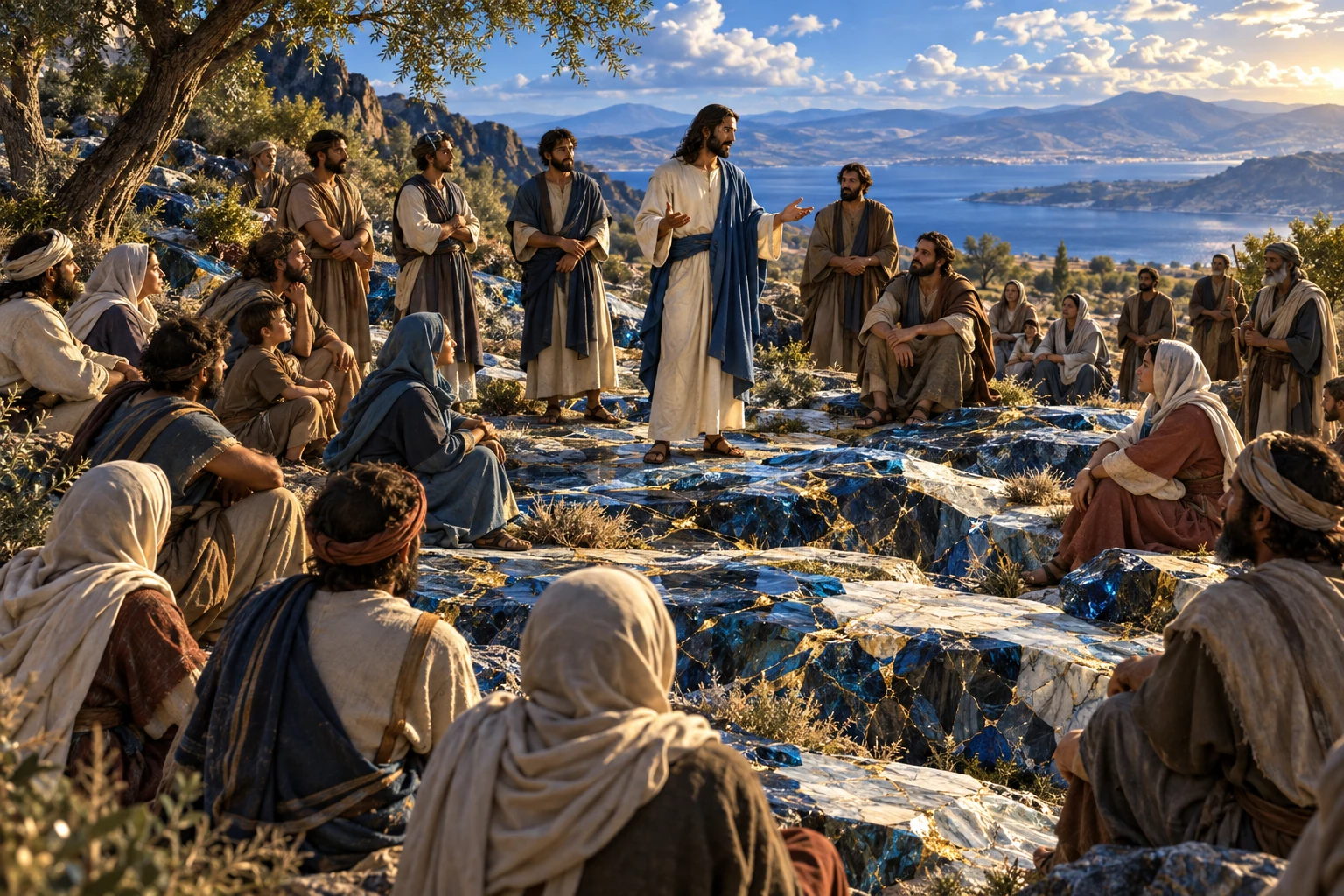 Grupos permanecem junto de Jesus num terreno azul mineral aberto por linhas douradas.