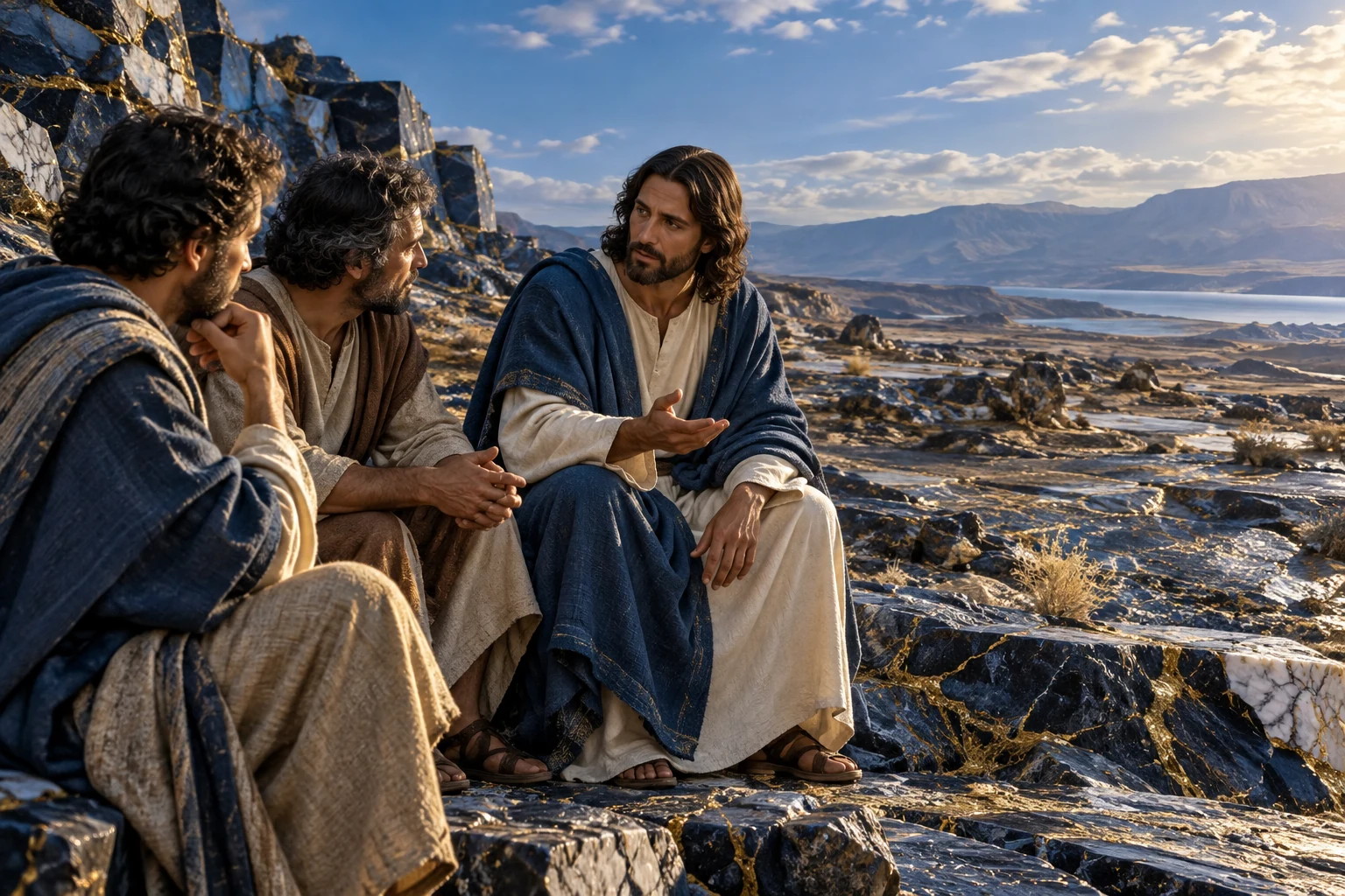 Dois discípulos conversam com Jesus diante de pedras azuis e caminhos dourados.