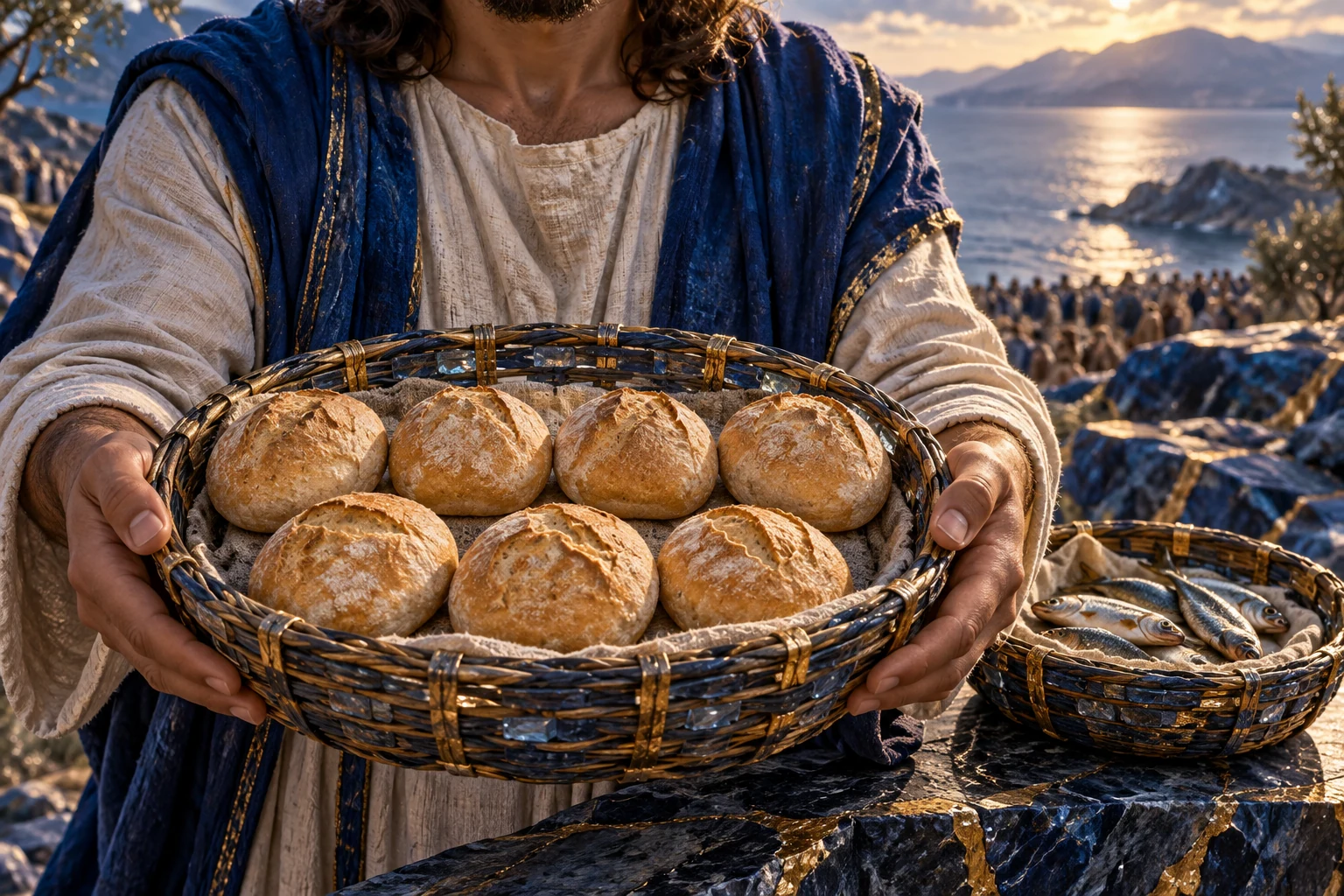 Sete pães naturais repousam num cesto de trama azul e dourada nas mãos de um discípulo.