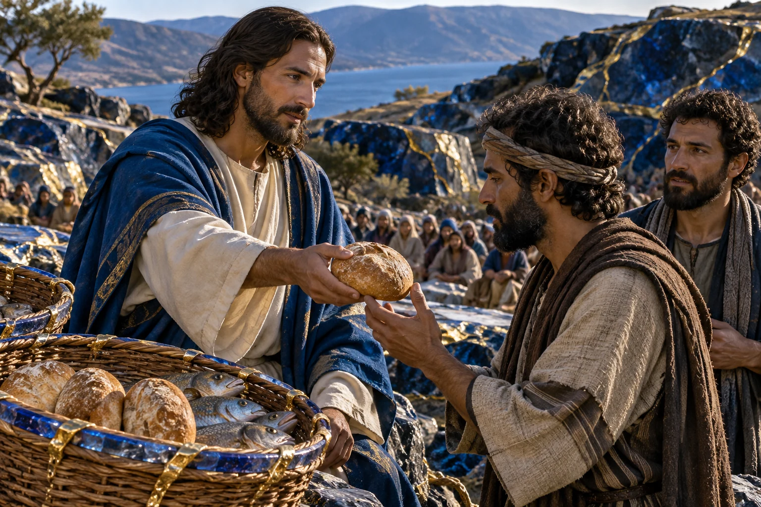 Jesus entrega pão aos discípulos, sobre fundo de cristal azul e estratos marfim com ouro.