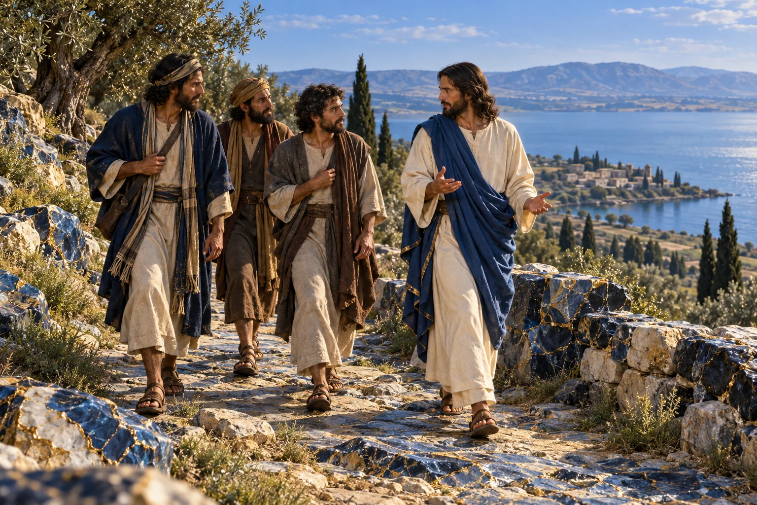 Jesus e discípulos atravessam um caminho azul entre massas minerais com linhas douradas.