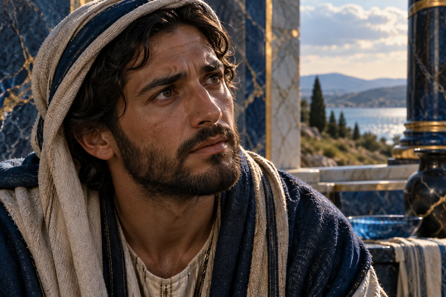 Discípulo escuta Jesus com expressão triste, sob azul de cristal e ouro nas dobras do manto.