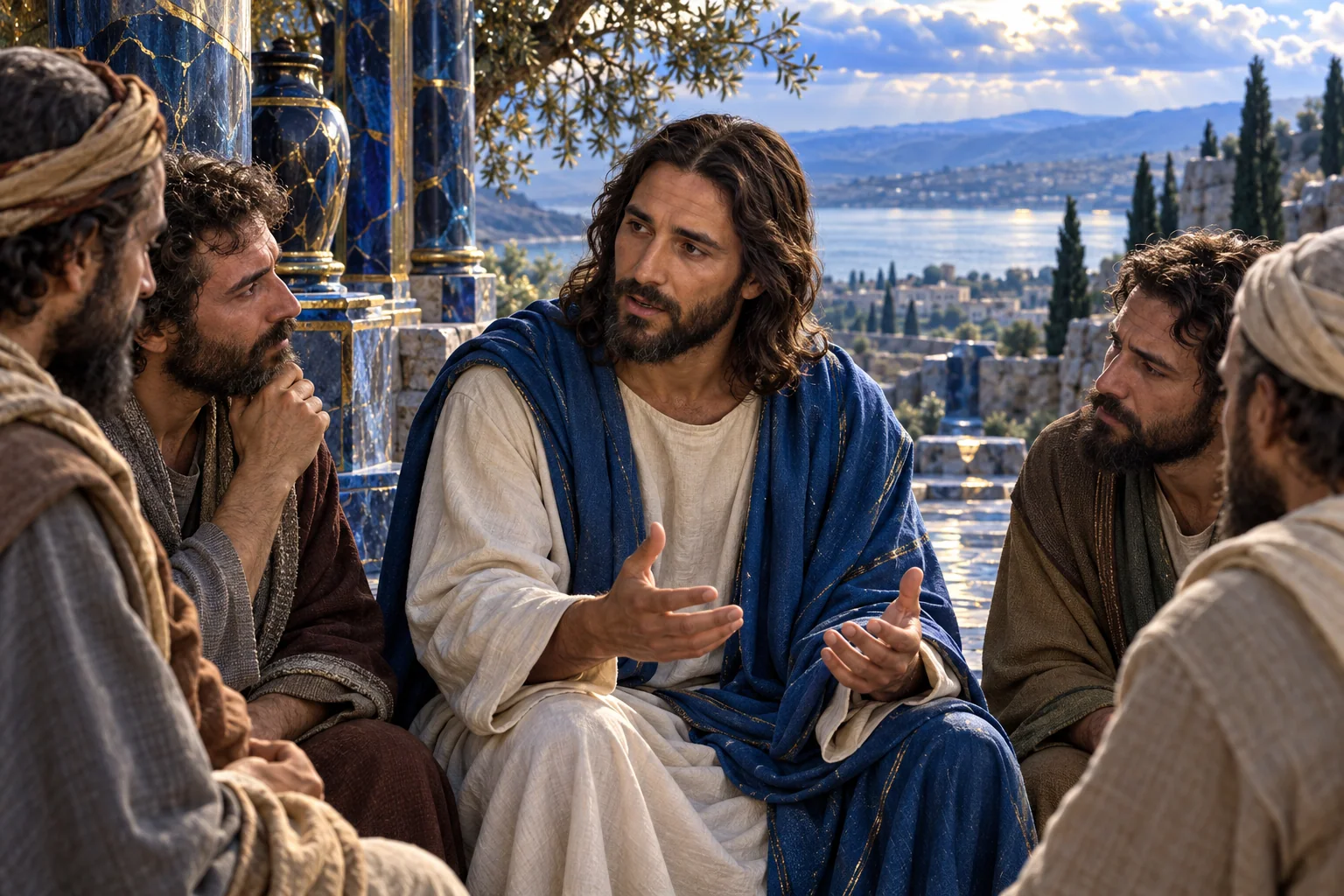 Jesus ensina de perto a dois discípulos, com manto azul e barra cristalina ligada por ouro.