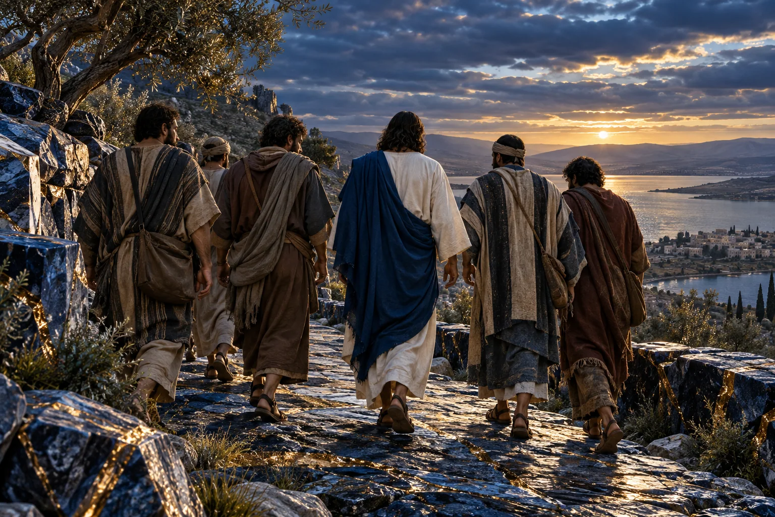 Os discípulos continuam próximos de Jesus sobre uma trilha azul atravessada por ouro.