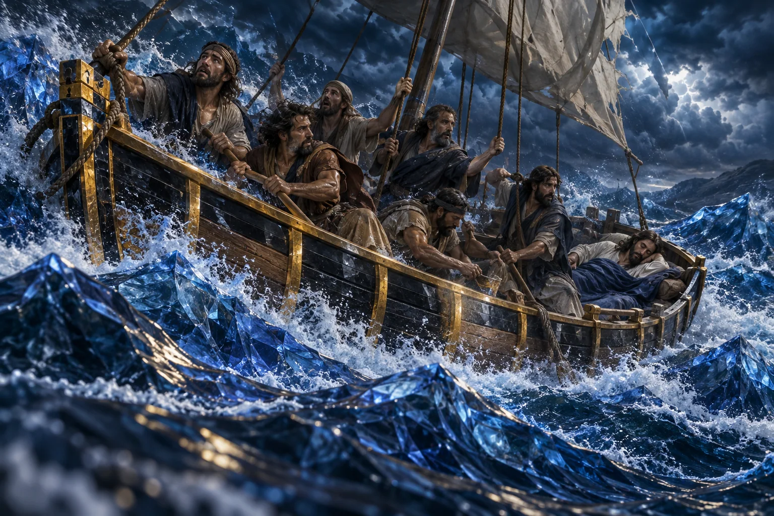 Barco pequeno enfrenta ondas de cristal azul entre nervuras douradas; discípulos vivos se apoiam nas bordas.