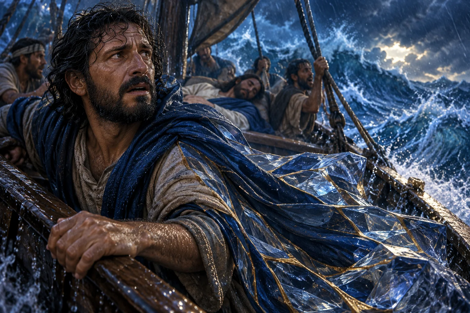 Discípulo molhado olha para a tempestade; o azul cristalino das ondas se prolonga atrás de sua face humana.