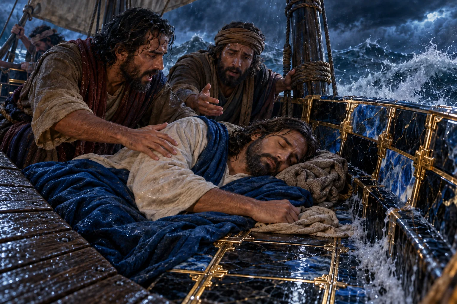 Dois discípulos se inclinam para Jesus adormecido no barco, cercados por madeira azul-escura e linhas douradas.