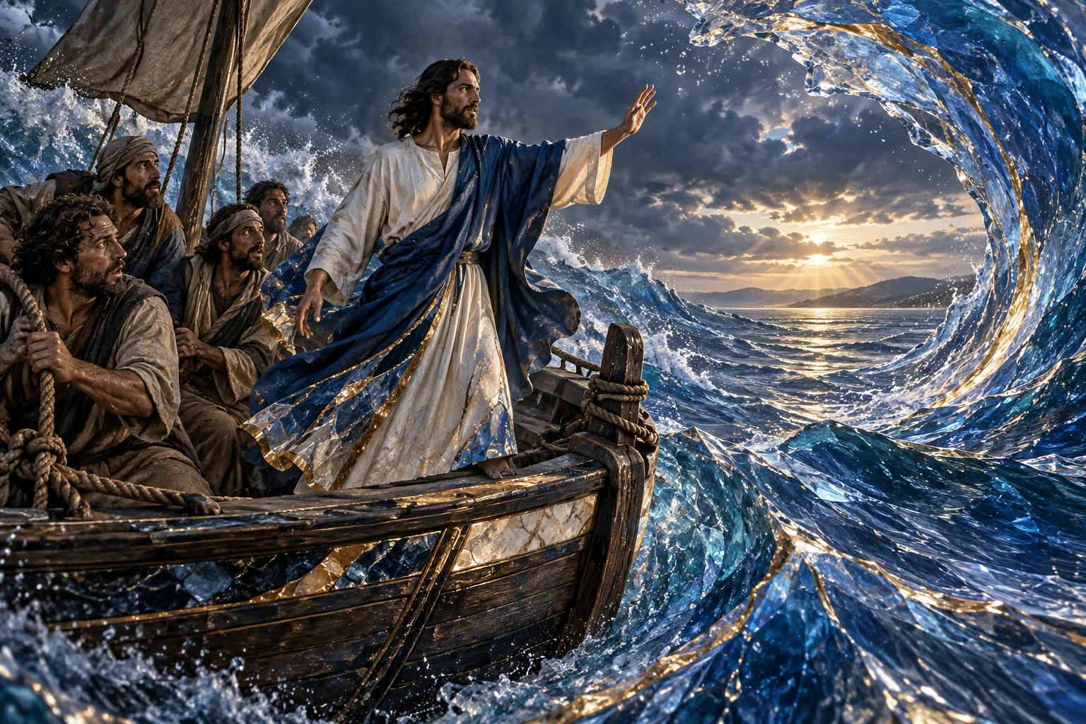 Jesus desperto se volta para o mar, enquanto o grupo o observa e uma grande onda azul encontra uma borda dourada.