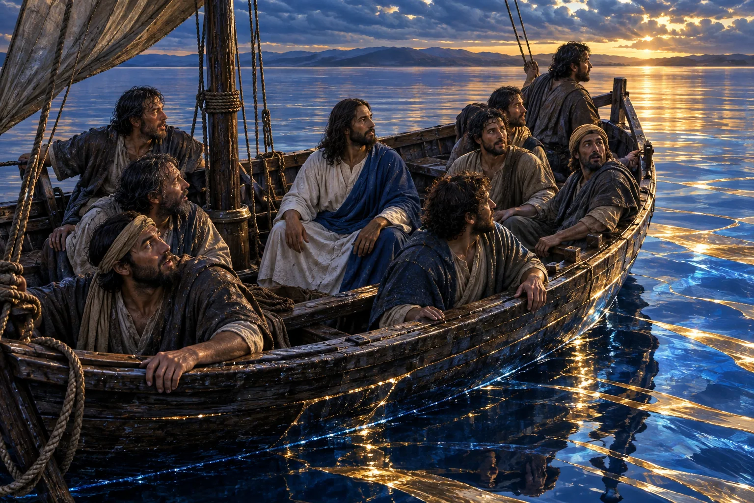 O barco repousa sobre água lisa azul-profunda; os discípulos contemplam Jesus com assombro.
