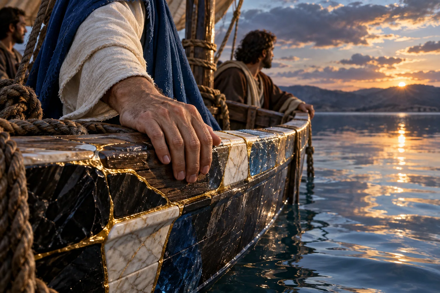 Mão humana repousa na borda do barco; atrás dela, o lago azul reflete um traço dourado contínuo.
