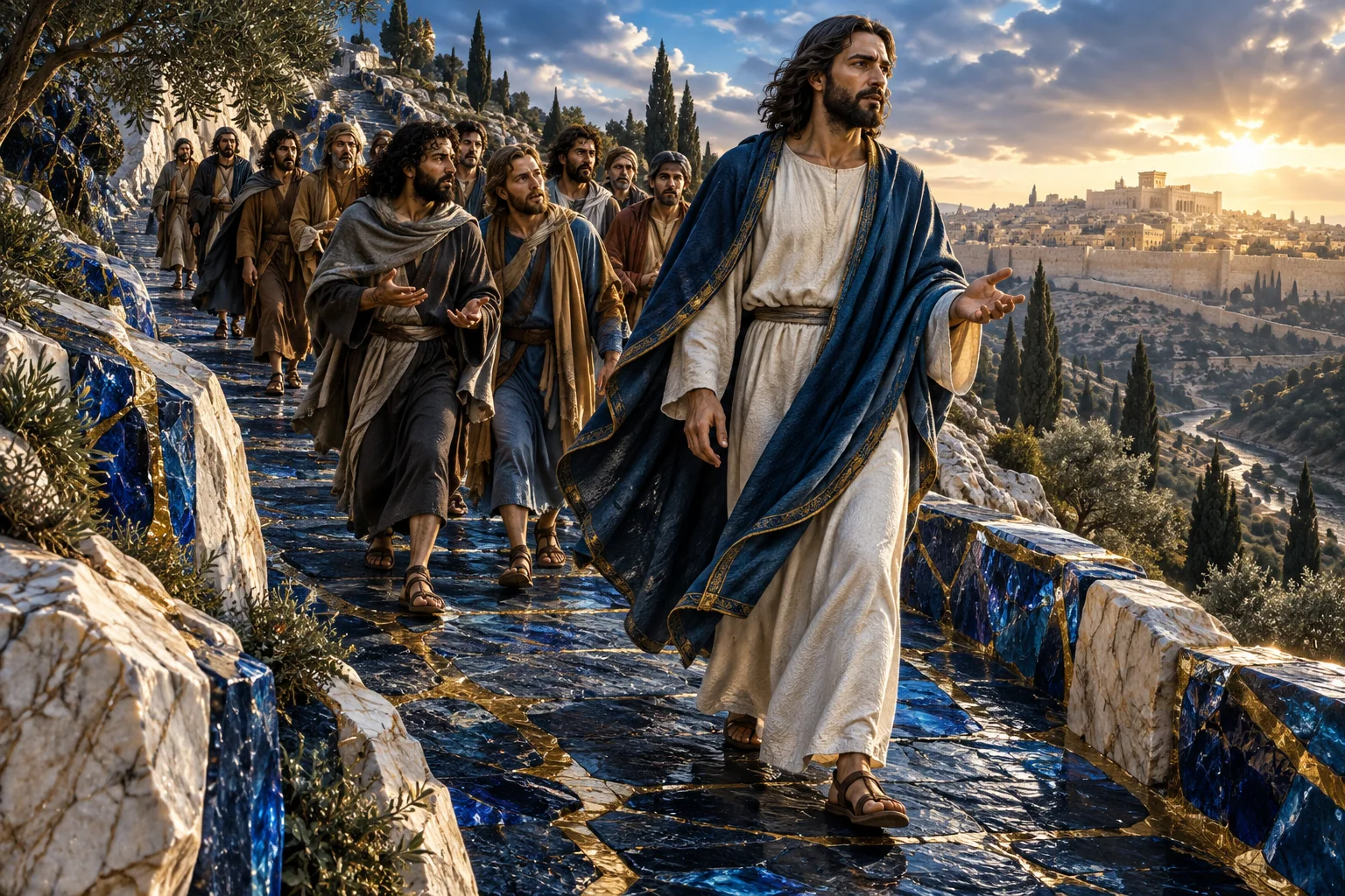 Jesus caminha à frente dos discípulos por uma estrada azul elevada entre nervuras douradas.