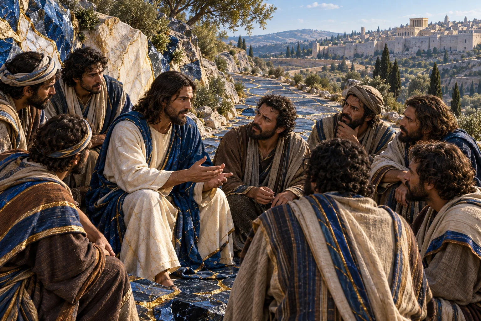 Os Doze se aproximam de Jesus num trecho de mármore azul com juntas de ouro.