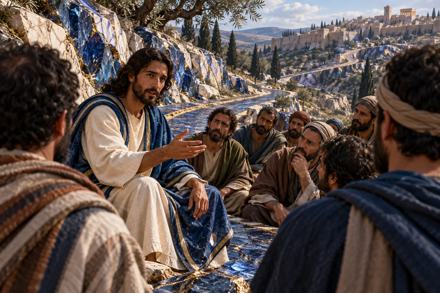 Jesus fala com firmeza serena, enquanto dois discípulos atentos ocupam o primeiro plano azul e dourado.