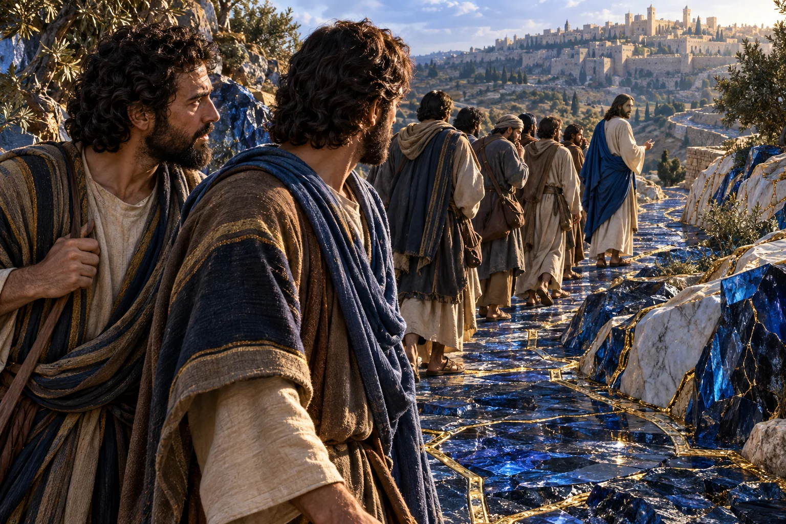Dois discípulos permanecem separados por um pequeno espaço de pedra azul com veio dourado contínuo.