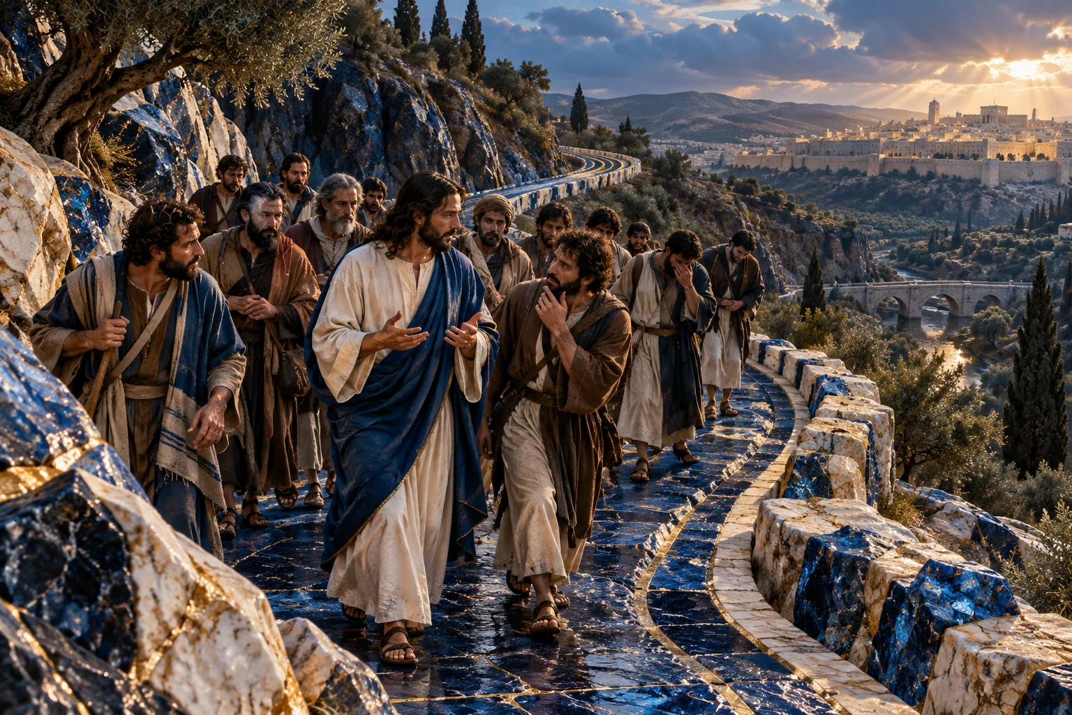 O grupo acompanha Jesus numa curva da estrada azul, enquanto faixas de ouro prosseguem além do quadro.